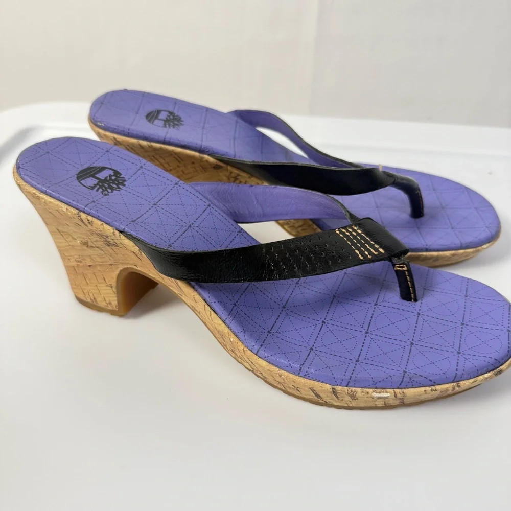 Timberland Women's Black Purple Wedge Sandals size 7 Cork Heels Casual Thong Y2K